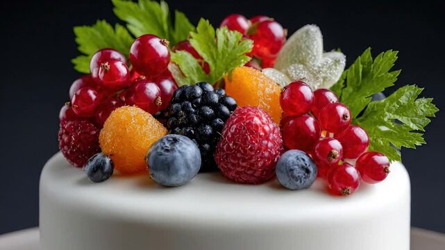 A beautifully adorned white cake stands prominently against a soft, dark background, showcasing an exquisite arrangement of fresh, colorful berries. Clusters of glistening red currants, deep purple bl