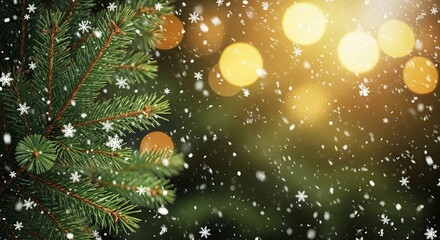 Christmas border of green fir branches with falling snow and golden bokeh background