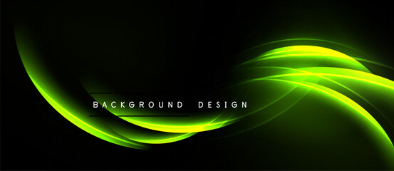 Abstract green light streaks over black background. Dynamic curves create modern visual effect. Text reads background design.