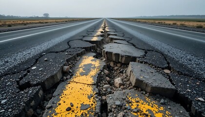 Earthquake damaged asphalt road with deep cracks and fissures