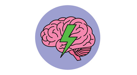 Illustration of a pink brain with a bright green lightning bolt inside