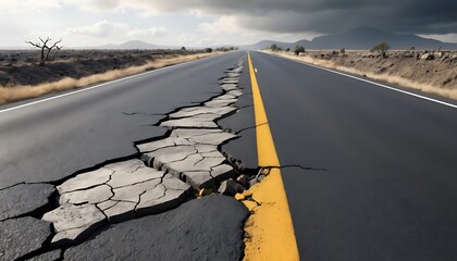 Earthquake damaged asphalt road with deep cracks and fissures