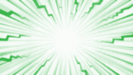 Energetic green radial burst with bold streaks and zigzag highlights creating powerful comic-style explosion effect, bright abstract pattern for action scenes and graphic design