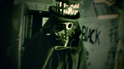 A person in a plague doctor outfit, walking in an abandoned building. The video has glitches and VHS effects to give off an Analog Horror feel. 