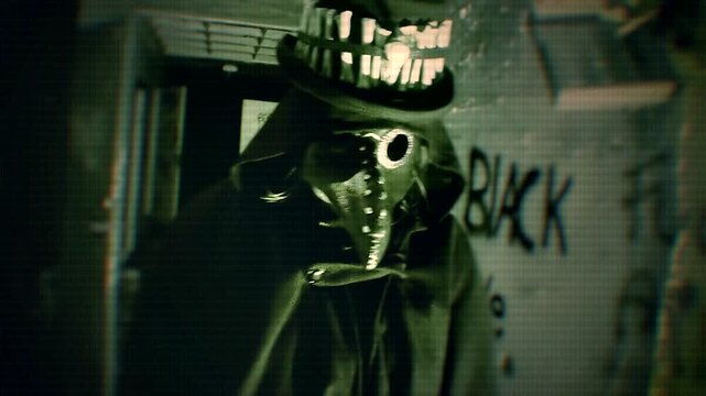 A person in a plague doctor outfit, walking in an abandoned building. The video has glitches and VHS effects to give off an Analog Horror feel. 