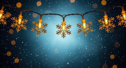 Glowing snowflake string lights garland on dark blue background with falling snow and bokeh