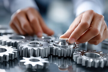 Hands adjusting metal gears on a reflective surface in a workshop environment