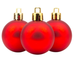 Three Bright Red Christmas Ornaments Spheres Arranged Closely Together for Decorations and Hanging During Holiday Season on Transparent Isolated Background a Winter Ball