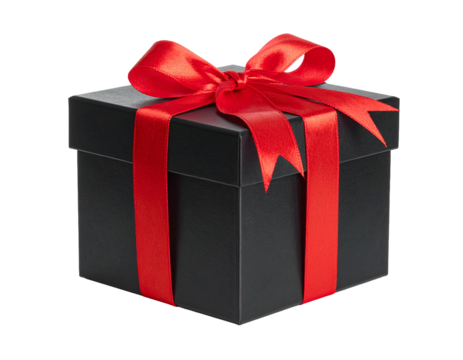 Sophisticated Black Gift Box with Vibrant Red Ribbon on Transparent Background Perfect for Presenting Special Occasion Gifts and Adding Touch of Elegance to Any Celebratory Event