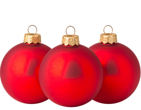 Row Of Three Red Glossy Baubles Or Decorative Sphere Christmas Ornament On Transparent Background For Decoration And Celebration During Winter Holidays