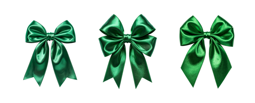 Emerald Green Silk Bow element set. Realistic 3D bow, frontal view, luxurious satin sheen, deep green color. Isolated high-res PNGs for Christmas, corporate, elegant, and festive design projects.