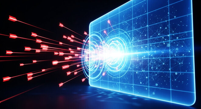 Red arrows flying towards a glowing blue digital shield with grid and network patterns attack defense