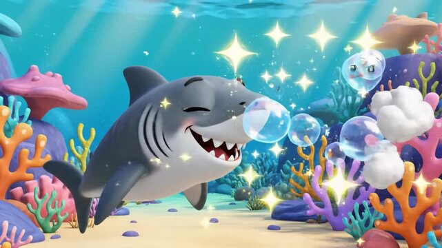 Cute baby shark swims in underwater world with bubbles animation