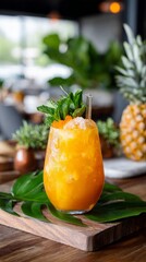 Bright orange cocktail with mint garnish, crushed ice, rests on wooden board, tropical leaf.