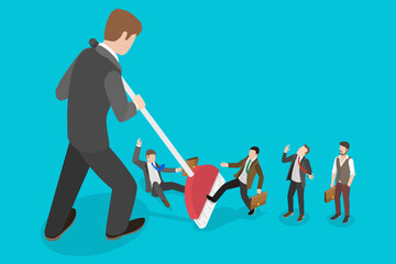 3D Isometric Flat Vector Illustration of Downsizing, Businessmen Sweeping And Being Swept By Broom