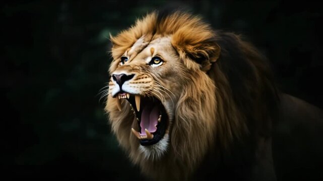 Powerful lion roaring with open mouth and sharp fangs &ndash; Majestic big cat wildlife closeup