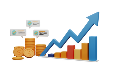 Financial growth represented by rising arrow and stacked coins, symbolizing investment success and positive economic trends.