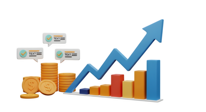 Financial growth represented by rising arrow and stacked coins, symbolizing investment success and positive economic trends.