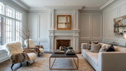 Medium shot of elegant raised wainscoting panels in a classic living room highlighting detailed molding and sophisticated wall protection.