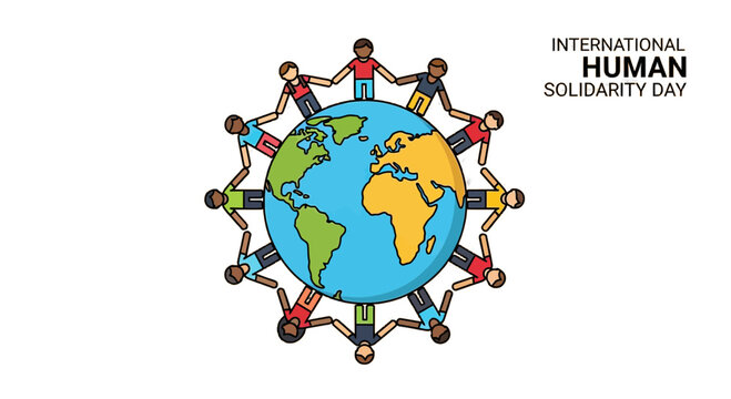 Celebrate International Human Solidarity Day with a powerful symbol of unity and global cooperation, diverse people holding hands around the world, promoting peace and harmony