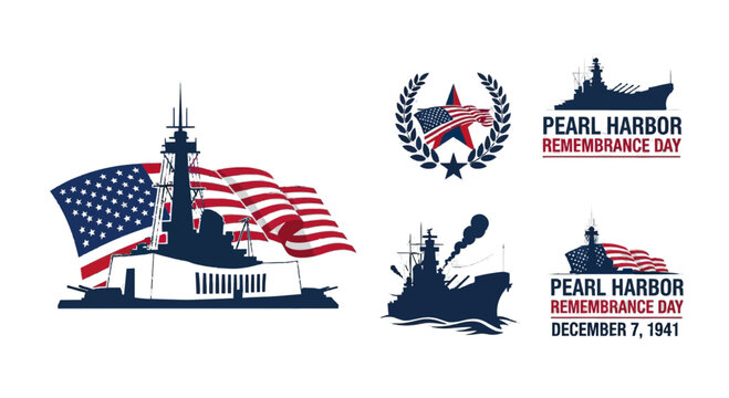 Remembering Pearl Harbor Day with Naval Vessels and the American Flag, a Somber Tribute to December 7, 1941, a Day of Remembrance and Reflection on American History