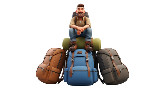 Adventurous man rests on stacked backpacks, ready for a grand journey