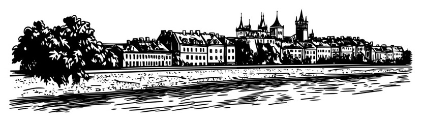 Fototapeta premium riverfront european old town with cathedral spires monochrome vector illustration