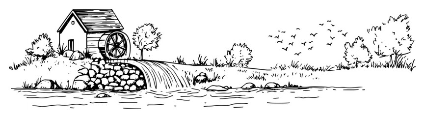 rustic watermill by stream monochrome vector illustration © Kaz