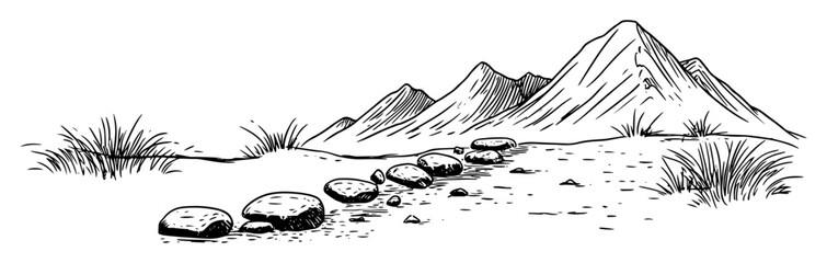 Obraz premium mountain landscape with stepping stones path hand drawn vector sketch