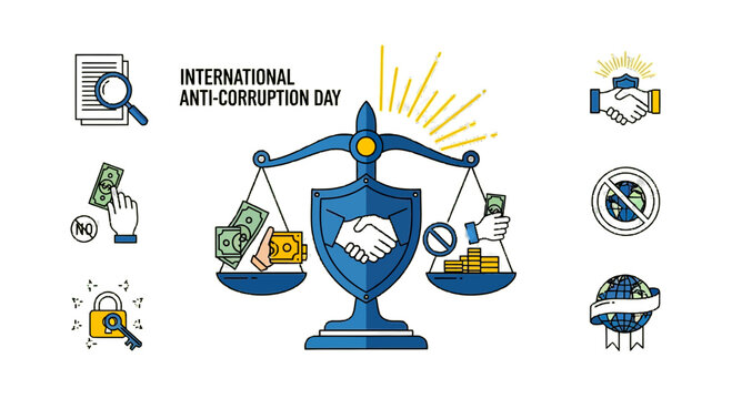 Promote International Anti-Corruption Day with vibrant illustrations fighting fraud and bribery, using justice scales and global symbols in a modern, impactful design