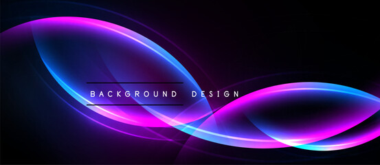 Abstract neon waves, vibrant purple hues, dark background. Modern design element, dynamic flow, energy radiates.