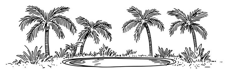 tropical palm oasis lagoon monochrome vector illustration © Kaz