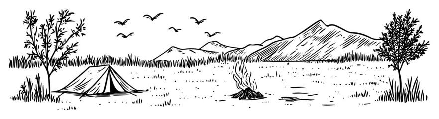 Naklejka premium camping meadow tent and campfire mountain landscape monochrome vector illustration