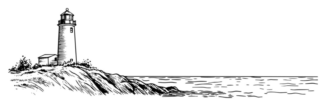 coastal lighthouse on rocky shore monochrome vector illustration