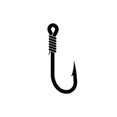 A simple black silhouette illustration of a classic fishing hook design