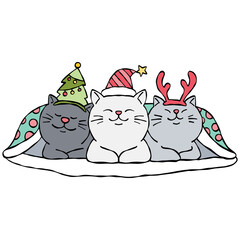 christmas Three cute cats in festive hats snuggled under a blanket.