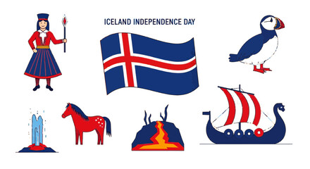 Celebrate Iceland Independence Day with captivating icons of Icelandic culture, from a majestic puffin to a traditional viking ship, perfect for travel designs