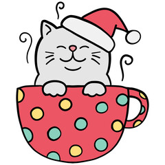 christmas Cute cat wearing a Santa hat in a colorful cup.