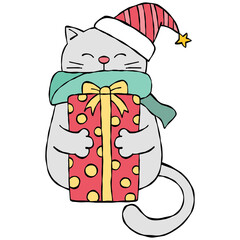 christmas Cute cat wearing a hat, holding a festive gift box.