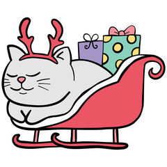 christmas Sleeping cat in a sleigh with gifts and antlers.