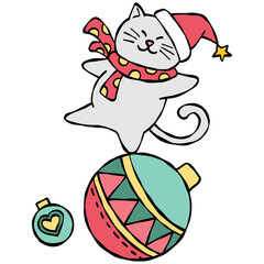 hristmas Festive cat wearing a scarf and hat with ornaments for Christmas.
