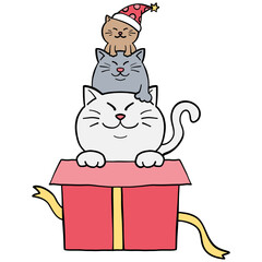 christmas Three cute cats stacked on a gift box with a ribbon.