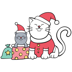 christmas Festive cats in Santa hats with colorful gifts and decorations.