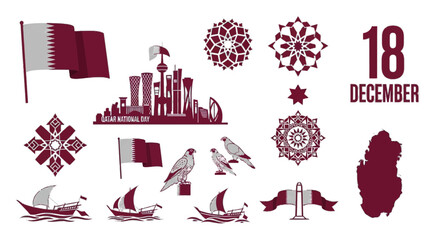 Celebrate Qatar National Day with symbolic elements featuring the flag, skyline, falcons, dhow boats, and geometric patterns, perfect for event promotions and cultural designs
