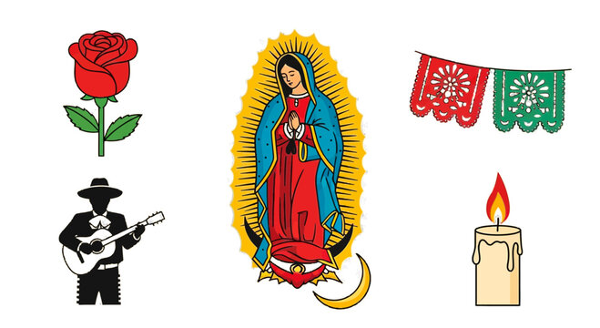 Celebrate D&iacute;a de Muertos with vibrant artwork depicting traditional Mexican symbols like La Virgen de Guadalupe, mariachi music, papel picado, roses, and candle light