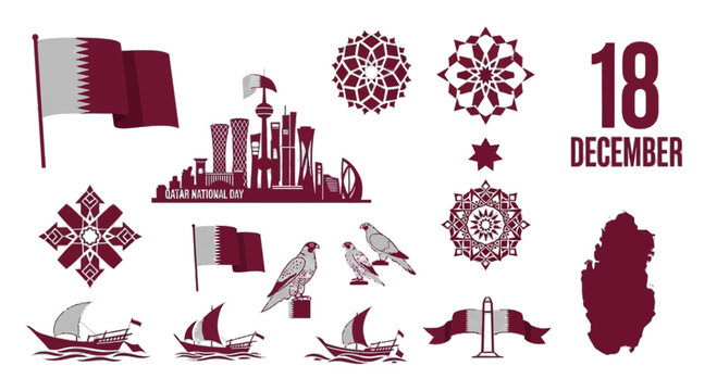 Celebrate Qatar National Day with symbolic elements featuring the flag, skyline, falcons, dhow boats, and geometric patterns, perfect for event promotions and cultural designs