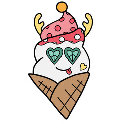 christmas Cute ice cream cone with whimsical hat and heart-shaped glasses.