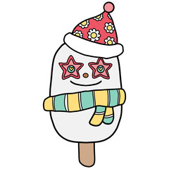 groovy christmas Cute cartoon ice cream snowman wearing a festive hat and scarf.