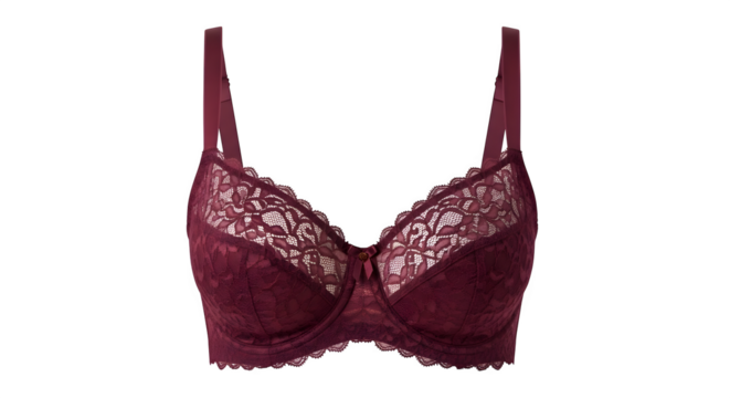 Elegant lace bra in a rich burgundy hue offers sophisticated comfort and style.