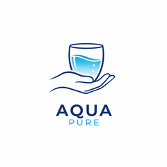 Obraz premium Clean Water Logo Aqua Pure Hand Holding Glass Icon for Purification Branding